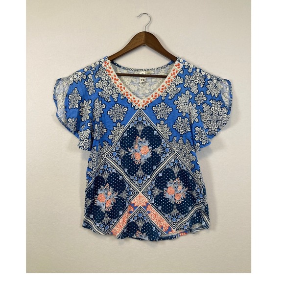 Thomas & Olivia Tops - Thomas Olivia Blue Floral Print V Neck Flutter Sleeve Top Women PM